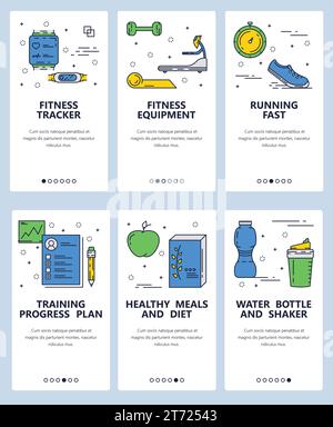 Vorlage für Linear-Art-Onboarding-Bildschirme der Vektor-Website. Fitnessgeräte und Sportgeräte. Menübanner für die Entwicklung von Websites und mobilen Apps. Modus Stock Vektor