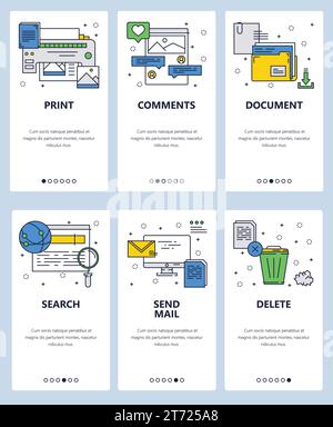 Vorlage für Linear-Art-Onboarding-Bildschirme der Vektor-Website. Drucker-, Computer- und Internetsymbole. Menübanner für die Entwicklung von Websites und mobilen Apps. Mod Stock Vektor
