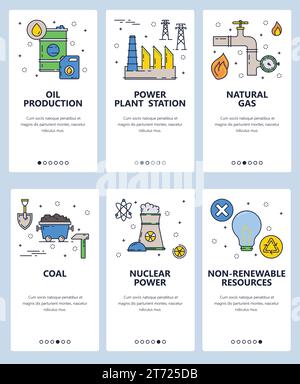 Vorlage für Linear-Art-Onboarding-Bildschirme der Vektor-Website. Energiequellen und Kraftwerke. Kernkraftwerke, Gas- und Kohlekraftwerke. Menübanner für Websit Stock Vektor