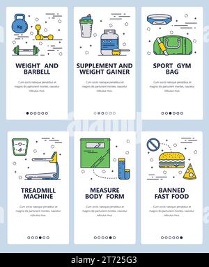 Vorlage für Linear-Art-Onboarding-Bildschirme der Vektor-Website. Sport- und Fitnesssymbole. Menübanner für die Entwicklung von Websites und mobilen Apps. Modernes Design Stock Vektor