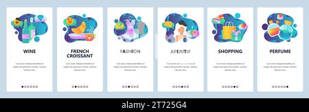Onboarding-Bildschirme für Websites. Urlaub in Paris, Frankreich. Französisches Frühstück, Shopping, Mode und Wein. Menüvektorbanner-Vorlage für Website und Mobi Stock Vektor