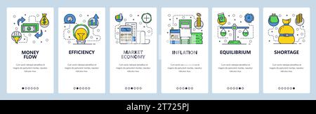 Onboarding-Bildschirme für Websites. Wirtschaft und globales Finanzmarktsystem. Geldfluss, Inflation, Ölpreis. Menüvektorbanner-Vorlage für Website und Stock Vektor