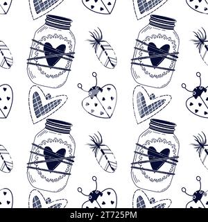 Nahtloses Muster zum Valentinstag. Vektormuster mit Marienkäfern, weißen Federn und einer Laterne mit Herzen auf weißem Hintergrund. Stock Vektor