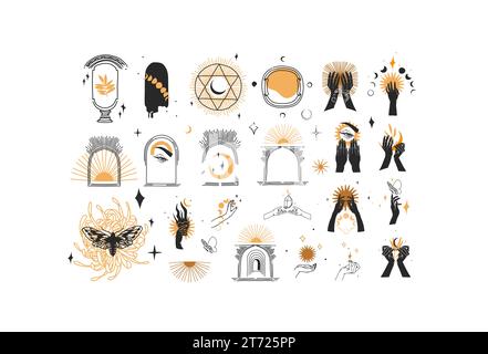 Hand gezeichneter Vektor abstrakte grafische Linie Illustration Elemente Sammlung Set, magische Sichel, Schmetterling, Blumen, Rahmen, Mond und menschliche Hände isoliert Stock Vektor
