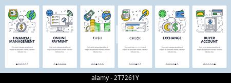 Onboarding-Bildschirme für Websites. Online-Zahlungen, Finanzmanagement und Banking. Menüvektorbanner-Vorlage für die Entwicklung von Websites und mobilen Apps. Mo Stock Vektor