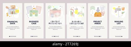 Onboarding-Bildschirme für Websites. Finanzdaten, Geschäftsentwicklung, Content-Produktion. Menüvektorbanner-Vorlage für die Entwicklung von Websites und mobilen Apps Stock Vektor