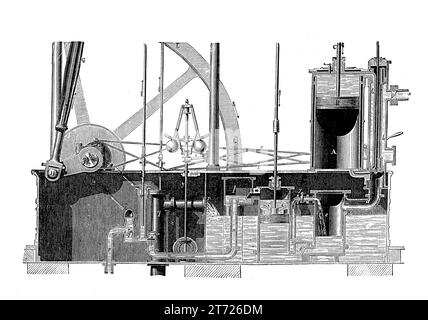 Die im Jahr 1776 produzierte, doppeltwirkende Dampfmaschine ersetzte die früheren Dampfmaschinen durch die Abhängigkeit eines separaten Kondensationszylinders mit Wasserkühlung, um den Dampf kondensierend zu halten. Stockfoto