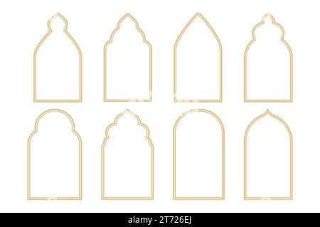Setzen Sie islamischen Bogenrahmen goldene minimale Linie Rand isoliert auf weißem Hintergrund. Boho-goldene muslimische Tür, Fensterdekoration. Vektorabbildung Stock Vektor