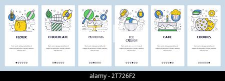 Onboarding-Bildschirme für Websites. Bäckerei mit süßen Desserts. Menüvektorbanner-Vorlage für die Entwicklung von Websites und mobilen Apps. Modernes, lineares Design Stock Vektor