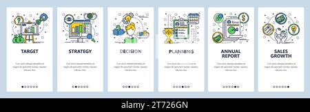Onboarding-Bildschirme für Websites. Planung der Unternehmensstrategie und Finanzbericht. Menüvektorbanner-Vorlage für die Entwicklung von Websites und mobilen Apps Stock Vektor