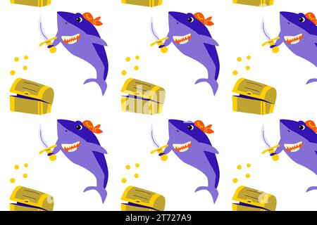 Shark-Zeichentrickmuster mit goldenen Elementen Stock Vektor