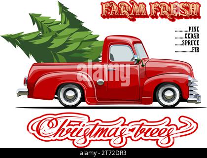 Vektor-Vintage-Bauernhof-Schild mit Weihnachtsbaum von rotem Truck. Farm Fresh Christmas Trees Retro-Poster. Verfügbar im eps-10-Format, getrennt durch Gruppen und la Stock Vektor