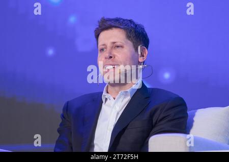 Sam Altman, CEO von OpenAI, spricht am 25. September 2023 auf dem Revolutionsforum künstliche Intelligenz (KI) in Taipeh. Stockfoto