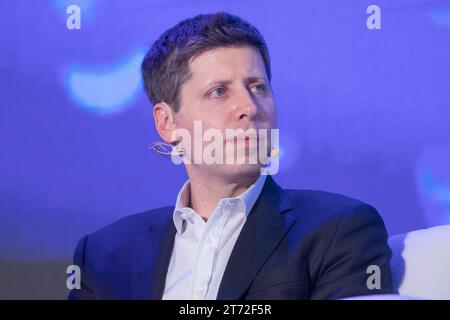 Sam Altman, CEO von OpenAI, spricht am 25. September 2023 auf dem Revolutionsforum künstliche Intelligenz (KI) in Taipeh. Stockfoto