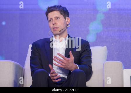 Sam Altman, CEO von OpenAI, spricht am 25. September 2023 auf dem Revolutionsforum künstliche Intelligenz (KI) in Taipeh. Stockfoto