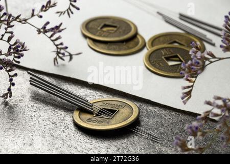 Akupunkturnadeln, alte Münzen, Blumen und Papier mit Schriftzeichen auf grauem, strukturiertem Tisch, Nahaufnahme Stockfoto