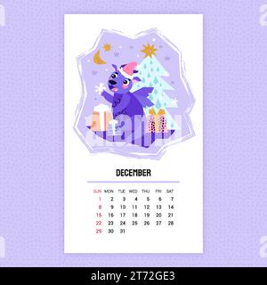 Drachenkalender 2023. Dezember. Drachenpackung Geschenke. Geschenksaison. Dezember. Winter Weihnachten Zeit. Weihnachtsmütze. Frohes Neues Jahr. Stock Vektor