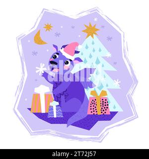 Drachenpackung Geschenke. Geschenksaison. Dezember. Winter Weihnachten Zeit. Weihnachtsmütze. Frohes Neues Jahr. Stock Vektor