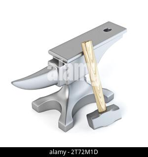 3D-Rendering-Illustration von Hammer und Amboss isoliert auf weißem Hintergrund Stockfoto