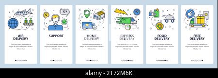 Onboarding-Bildschirme für Websites. Home Express und Air Delivery. Menüvektorbanner-Vorlage für die Entwicklung von Websites und mobilen Apps. Modernes Design linear A Stock Vektor