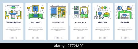 Onboarding-Bildschirme für Websites. Inneneinrichtung und Möbel. Menüvektorbanner-Vorlage für die Entwicklung von Websites und mobilen Apps. Modernes Design mit linearer Kunst Stock Vektor