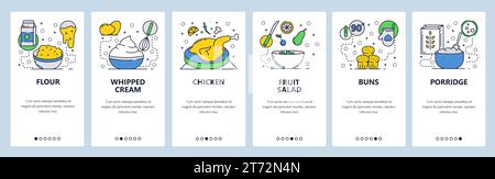 Onboarding-Bildschirme für Websites. Frühstück, Hühnchen, Obstsalat, Kuchen, Porridge. Menüvektorbanner-Vorlage für die Entwicklung von Websites und mobilen Apps. Stock Vektor