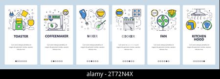 Onboarding-Bildschirme für Websites. Küche und Kochgerät. Menüvektorbanner-Vorlage für die Entwicklung von Websites und mobilen Apps. Modernes Design linear A Stock Vektor