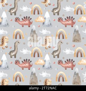 Süße Dinosaurier, Heißluftballons, Wolken, Regenbogen. Nahtloses Aquarellmuster, Boho-Stil. Handgezeichnet. Textil, Stoff, Tapete, Design beige Stockfoto