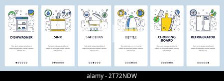 Onboarding-Bildschirme für Websites. Haushaltsgeräte und Zubehör. Menüvektorbanner-Vorlage für die Entwicklung von Websites und mobilen Apps. Modernes Design Stock Vektor
