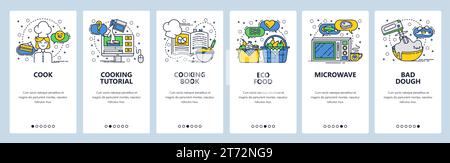Onboarding-Bildschirme für Websites. Kochbuch und Online-Rezept, Bio-Lebensmittel. Menüvektorbanner-Vorlage für die Entwicklung von Websites und mobilen Apps. Modern Stock Vektor