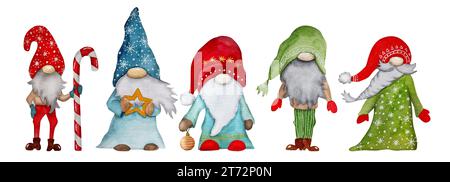 Aquarellillustration von Weihnachtsgnome im skandinavischen Stil, Ein Set von Gnomen für die Neujahrsfeier Stockfoto