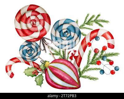 Aquarellabbildung Zeigt Weihnachtskugel, Neujahrsdekorationen, Süßigkeiten Und Tannenzweige Stockfoto