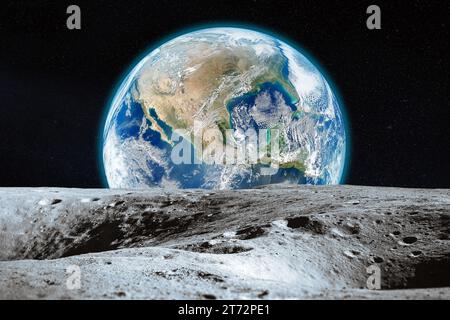 Blick vom Mond mit Kratern auf der Erde im tiefen Raum. Mond und Erde. Elemente dieses Bildes, bereitgestellt von der NASA. Stockfoto