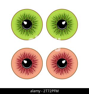 Farbige Illustration eines Auges aus grünen und roten Kiwi. Isolierte Vektorobjekte auf weißem Hintergrund. Stock Vektor