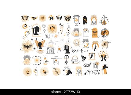 Hand gezeichneter Vektor abstrakte grafische Linie Illustration Elemente Sammlung Set, magische Sichel, Schmetterling, Blumen, Tiere, Mond und menschliche Hände isoliert Stock Vektor