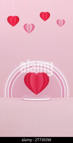 Papierherz und Herzballon hängen auf neonfarbenem Plattform-rosa Hintergrund. Valentinstag, Mutter- oder Frauentag-Konzept. 3D-Abbildung. Stockfoto