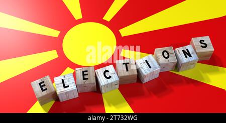 Nordmazedonien - Wahlkonzept - Holzblöcke und Landesflagge - 3D-Illustration Stockfoto