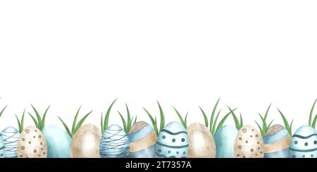 Farbig bemalte Eier, nahtloser Rand. Aquarellabbildung. Handgezeichnete Ostereier in zarten Farben. Osterfestlichkeit nahtlos Stockfoto