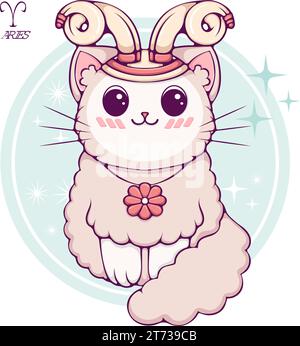 Aries niedliche Zeichentrickzeichnung Tierkatze Farbe Stock Vektor