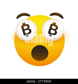Ich bin reich geworden - lustiges lächelndes Emoji mit offenem Mund und Bitcoin-Zeichen in Pop Out Eyes - einfaches Happy Emoticon auf transparentem Hintergrund Stock Vektor