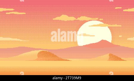 Pixelkunst Wüstenlandschaft. 8-Bit-Videospiel-Arkadenebene mit Sandbergen und Sonnenuntergang. Retro-Pixel-Spiel-Cartoon-Landschaft von Ägypten oder Sahara-Sand Stock Vektor