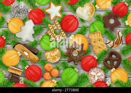 Verschiedene Weihnachtssüße und Kekse mit Tannenzweigen und Kugeln vor hölzernem Hintergrund Stockfoto