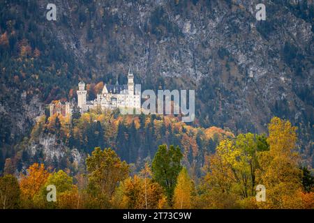 Das Schloss Neuschwanstein in der Landschaft des Schwangau, Allgäu, Bayern, Deutschland | Schloss Neuschwanstein und die Schwangauer Landschaft, Allgäu Stockfoto