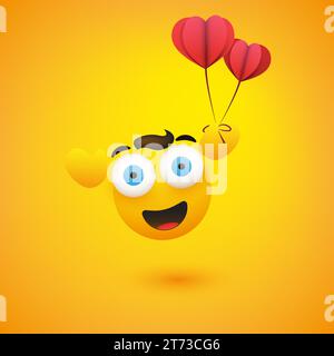 Lächelndes Gesicht mit Händen, die ein paar lila herzförmige Ballons auf gelbem Hintergrund halten - Emoticon Vektor-Design Stock Vektor