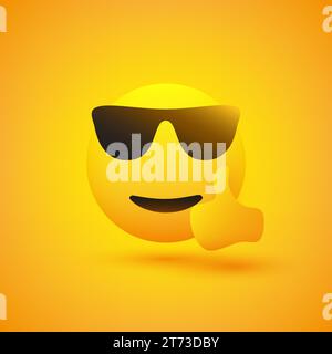 Lächelnd, jubelnd Emoji trägt Sonnenbrille und zeigt Daumen auf gelbem Hintergrund - Vektor-Design Stock Vektor