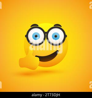 Lustig überrascht, zufrieden lächelndes Emoji mit Brille und aufklappbaren großen blauen Augen, die Daumen nach oben zeigen - einfaches Happy Emoticon auf Yellow Backgrou Stock Vektor