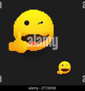 Lächelndes Emoji - einfaches Happy Winking Emoticon mit Schnurrbart zeigt Daumen hoch - pixeliertes flaches Vektor-Design - Pixel Art Stock Vektor