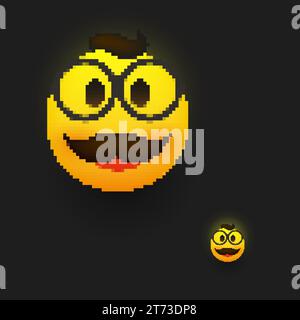 Lächelndes Emoji - einfaches glückliches männliches Emoticon mit Brille, Haar und Schnurrbart auf gelbem Hintergrund - pixelated Flat Vector Design für Web und Apps - Pixe Stock Vektor