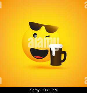 Lächelnde und winkende Emoji mit Sonnenbrille auf seinem Kopf, genießen den Geschmack des schäumenden Getränks - einfaches glänzendes Happy Emoticon mit Bier Mu Stock Vektor