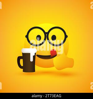 Lächelnder Geek Emoji, der Gläser trägt und Daumen nach oben zeigt - einfaches Jubeln, Mund lecken, Happy Emoticon mit Bierbecher auf gelbem Hintergrund - Vektor Stock Vektor